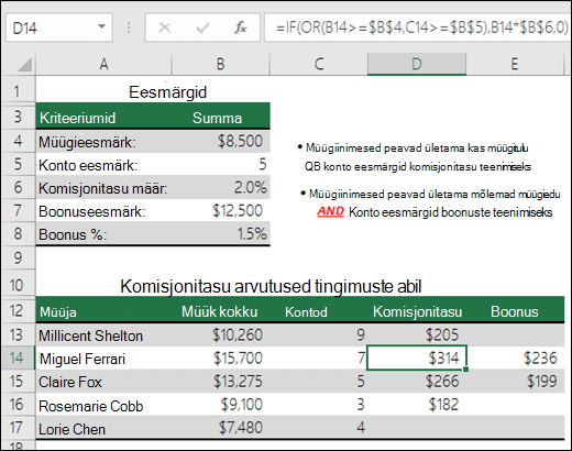 Näide funktsioonide IF ja OR kasutamisest müügivahendustasu arvutamisel.