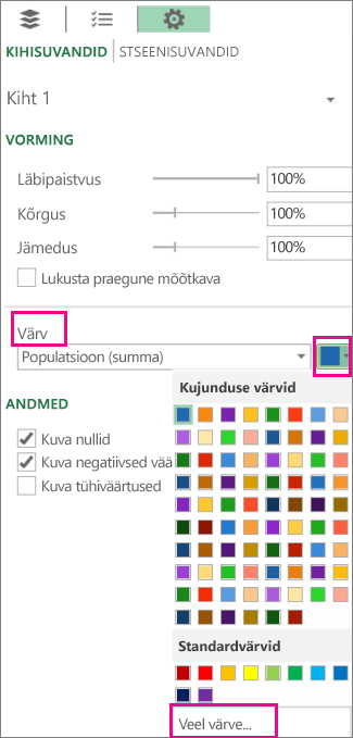 Allanool Värv menüüs Sätted ja Kihisuvandid