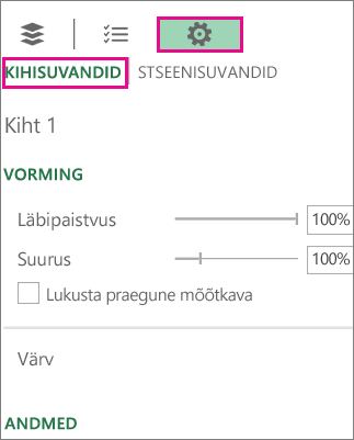 Sätete ikoon menüüs Kihisuvandid