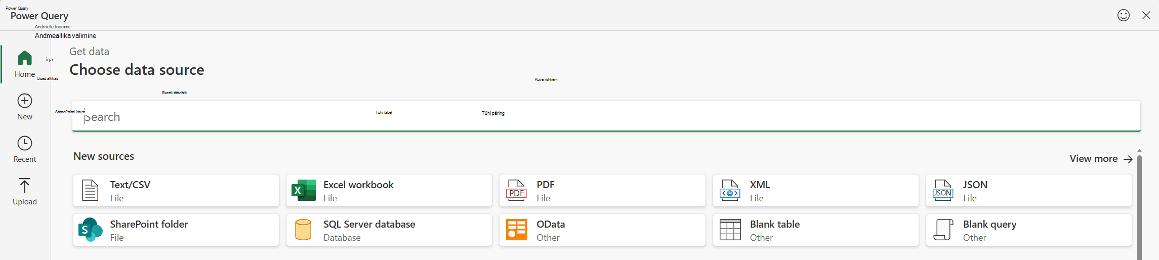 Power Query andmeallika valikumenüü.