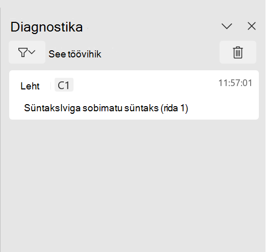 Exceli Pythoni diagnostika tööpaan, kus on kuvatud süntaksiviga.