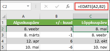 Kasutage kuupäevast kuude liitmiseks või lahutamiseks funktsiooni EDATE. Praegusel juhul =EDATE(A2;B2), kus A2 on kuupäev, ja B2 kuude arv liitmiseks või lahutamiseks.