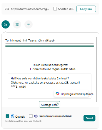 Vormi saate saatmiseks ja vastuste kogumiseks kuval saata mitmel viisil.