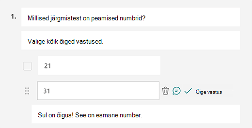 Microsoft Forms kohandatud õige vastusteade