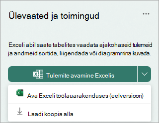 Exceli töölauarakenduses eelvaatena avamiseks või koopia allalaadimiseks valige nupu Ava tulemid Excelis kõrval olev rippnool.