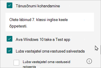 Õppetesti sätetes kuvatakse õppetestidele vastavate vastuste suvand: Ava Windows 10 Tehke test