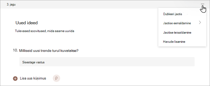 Screenshot showing how you can organize sections in a form or quiz in Microsoft Forms.