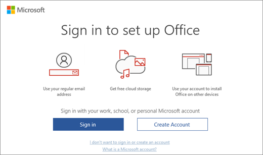 Shows the Sign in to set up Office page that might appear after you install Office
