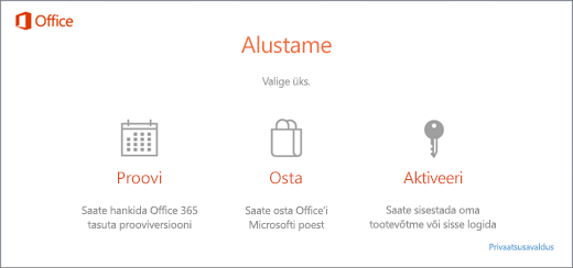 Kuvatõmmisel on kujutatud vaikesuvandid Office’i proovimiseks, ostmiseks või aktiveerimiseks arvutis, kuhu Office on eelinstallitud.