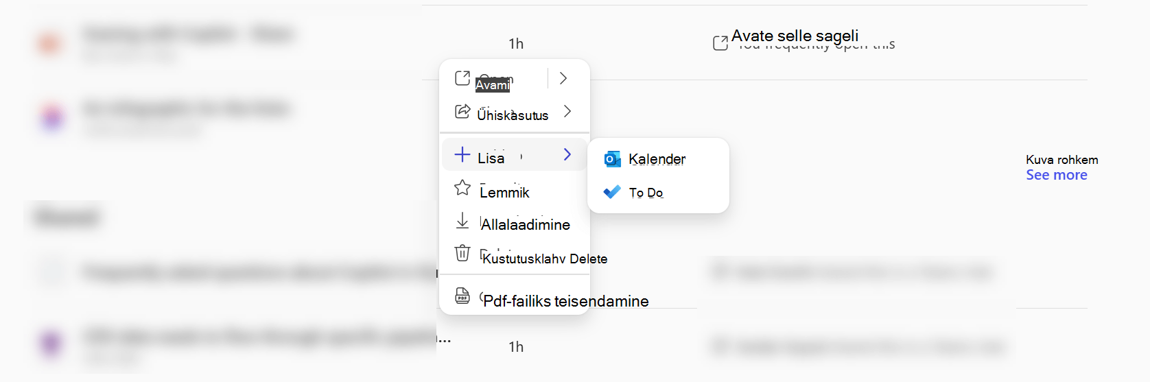 Microsoft 365 Copilot rakenduse kontekstimenüü, mis näitab, et saate faili lisada kas Calendar või Teha.