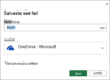 Teenusekomplekti Office 365 Microsoft Exceli dialoogiboks Salvestamine