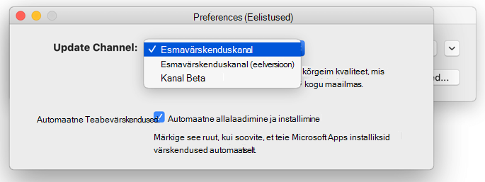 Pilt Mac Microsoft AutoUpdate -> Preferences window that shows update channel choices.