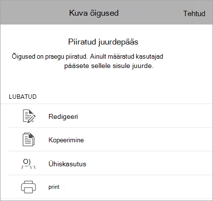 Kuvatõmmis dialoogist, kus on kuvatud kasutajate IRM-i õigused.