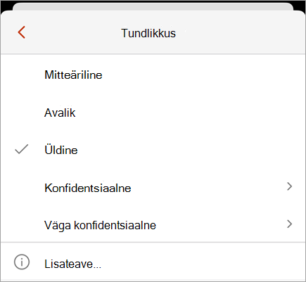 Saadaolevaid delikaatse teabe silte kuvava tundlikkuse menüü kuvatõmmis.