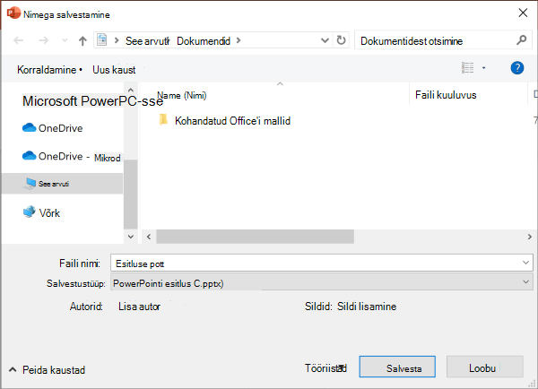 PowerPointi pärandrežiimi nimega salvestamine
