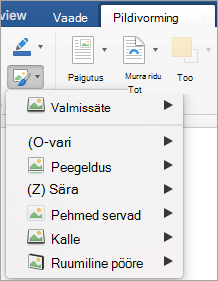 Kuvab menüü Pildiefektid suvandid