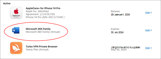 Kuvatõmmis aktiivsetest tellimustest, mida saate hallata Microsoft 365 Family punase ringiga.