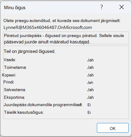 Screenshot of a dialog showing user permissions
