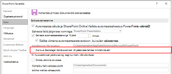 Kuvatõmmis PowerPointi dialoogiboksist Suvandid, kus on esile tõstetud säte, et kiirklahvide abil salvestamisel ei kasutata Backstage'i.