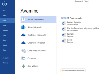 Word 2013 avamisjaotis