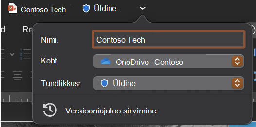 Laiendatud tiitliriba rippmenüü, kus on kuvatud faili nimi, asukoht ja tundlikkus.