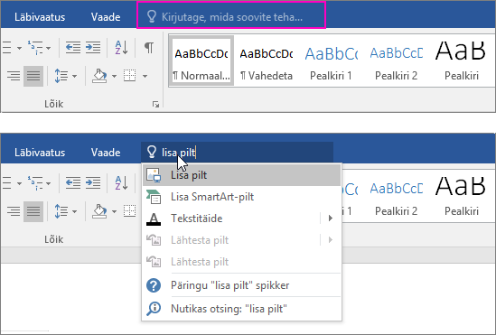 Kuvab Word lindi otsinguvälja Mida soovite teha?.