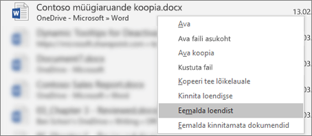 Kontekstimenüü, mis kuvatakse viimatiste failide loendis faili paremklõpsamisel