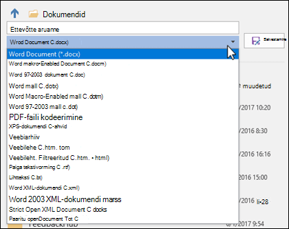 Oma dokumendile muu failivormingu valimiseks klõpsake failitüübi ripploendit.