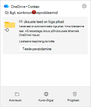 Kuvatõmmis, millel on kujutatud OneDrive'i tegevuskeskus koos suvandiga Paranda teed.