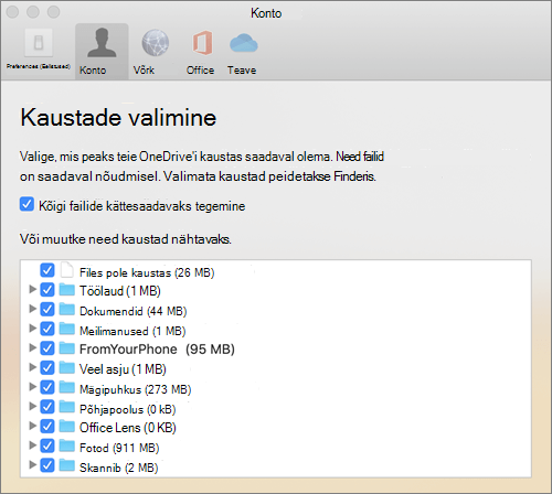 Dialoogiboks Kaustade valimine akna OneDrive Maci jaoks eelistused all