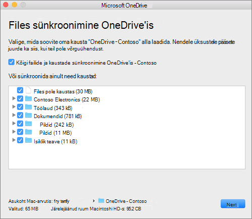Kuvatõmmis OneDrive'i häälestusmenüüst sünkroonitavate kaustade või failide valimiseks.