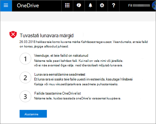 Kuvatõmmis OneDrive'i veebisaidil tuvastatud lunavara tunnuste kuvast