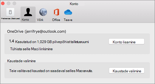 Kuvatõmmis Konto lisamisest OneDrive'i eelistustesse Mac-arvutis