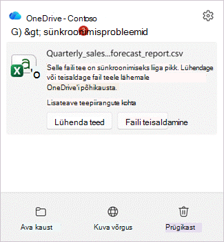 Kuvatõmmis, millel on kujutatud OneDrive'i tegevuskeskus koos liiga pika üksuse lippudega, kus on nupud Lühenda teed ja Teisalda fail.