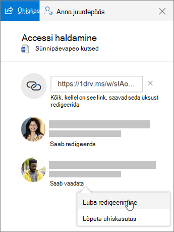 Jagatud faili üksikasjapaani ühiskasutatava jaotise kuvatõmmis.
