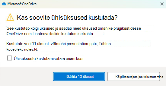 Kuvatõmmis OneDrive'i kinnitusviibast ühisfailide kustutamiseks