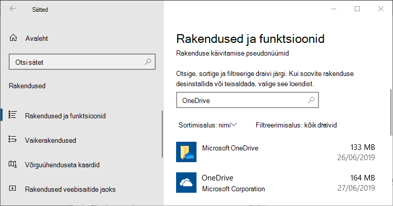 OneDrive Windowsi rakendusesätetes