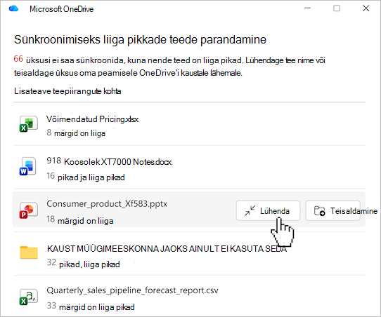 Kuvatõmmis OneDrive'i failiteede loendist.