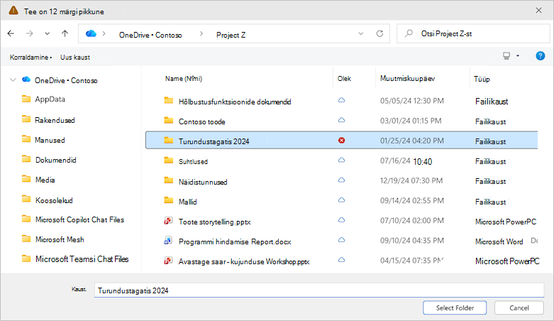 Kuvatõmmis OneDrive'i kausta valimise dialoogist.