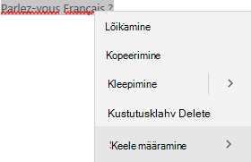 Valitud prantsusekeelne tekst, mis näitab keele seadmise kontekstimenüüd.