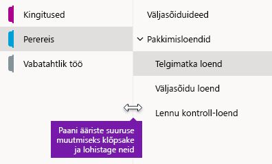 Navigeerimispaanide suuruse muutmine OneNote’is Windows 10 jaoks
