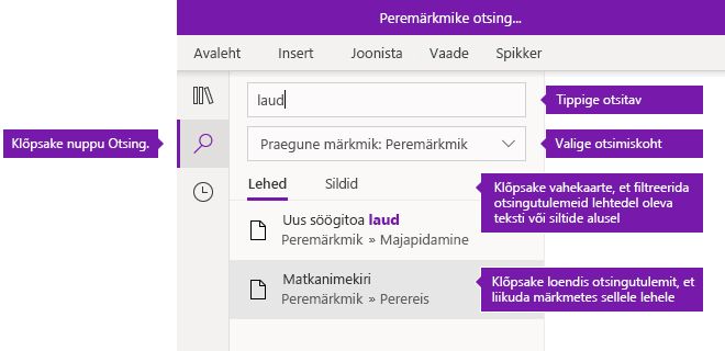 Otsingupaani suvandid OneNote’is Windows 10 jaoks