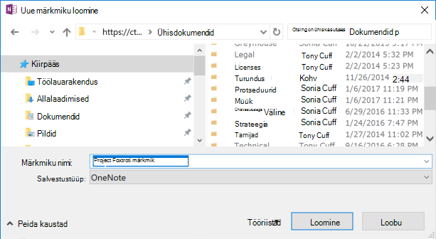 OneNote for Windows 2016 uue märkmiku loomise dialoogiboks
