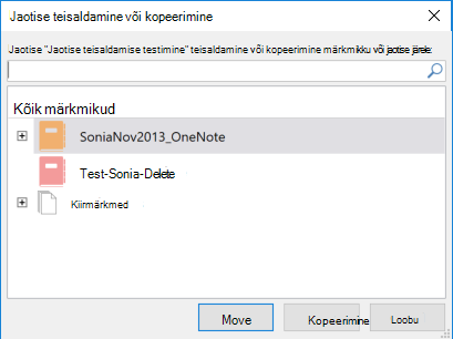 OneNote for Windows 2016 jaotise teisaldamise või kopeerimise dialoogiboks