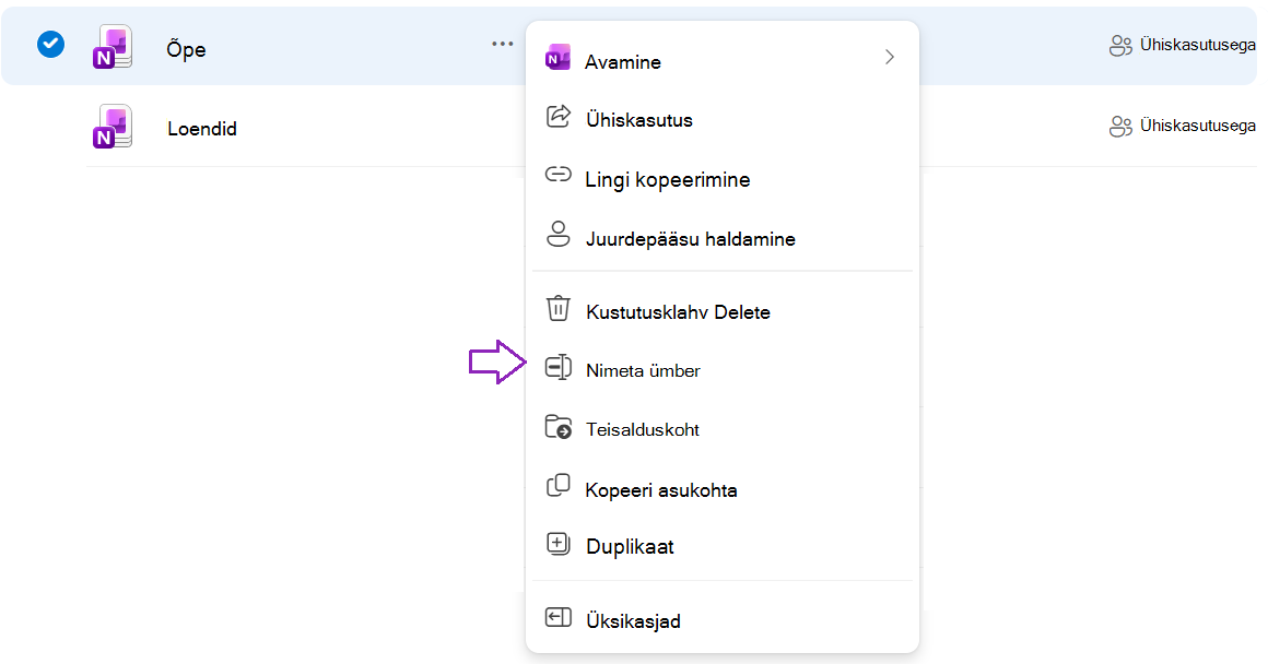 Kuvatõmmis, millel on kujutatud märkmiku kontekstimenüü koos ümbernimetamise suvandiga.