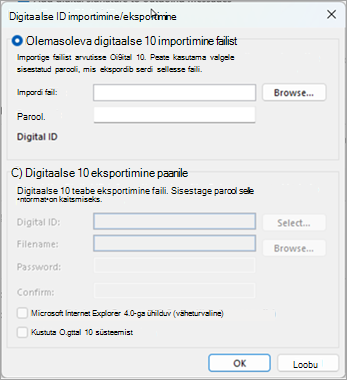 Valige sirvides digitaalse ID otsimiseks ja sisestage serdi eksportimisel sellesse faili sisestatud parool.