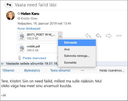 Sõnum lugemispaanil, kus on esile tõstetud manuse eelvaade