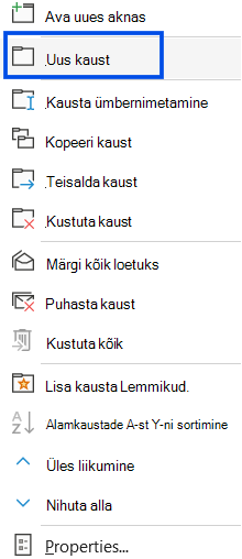 Kuvatõmmis, millel on kujutatud uue kausta valimine klassikalise Outlooki navigeerimispaanil.