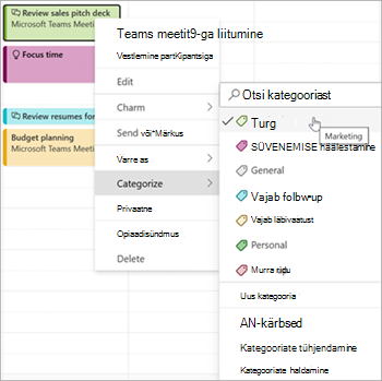 Screenshot showing an event and the category selection list