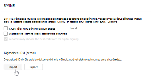 Screenshot showing S/MIME page in Setting and Import in the Digital IDs sections